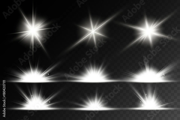 Obraz Lens Flare, light glow effect. sun or realistic shining star with backlight effect.
bokeh glitter and sparkles or sparkles on transparent background.
