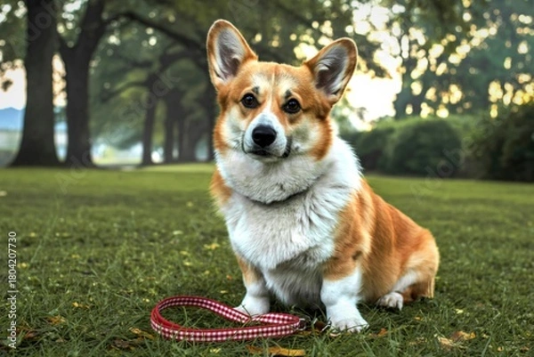 Obraz Adorable pembroke welsh corgi sits patiently in a grassy park