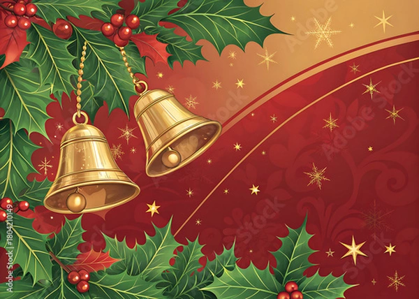 Fototapeta Christmas background with golden bells and holly leaves on red gradient