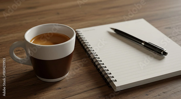 Obraz A steaming cup of coffee rests beside an open notebook and pen, ready for creative thoughts or daily planning on a wooden surface