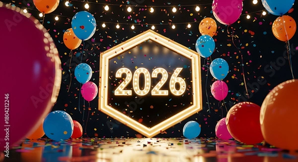 Obraz 2026, New Year, celebration, party, countdown, festive, abstract, glowing, neon, lights, confetti,