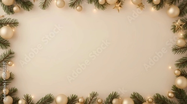 Fototapeta 
16:9 soft beige and champagne quiet luxury Christmas background for skincare products, minimal matte ornaments on the borders, subtle golden edges, pastel gift boxes at the bottom, warm diffused ligh