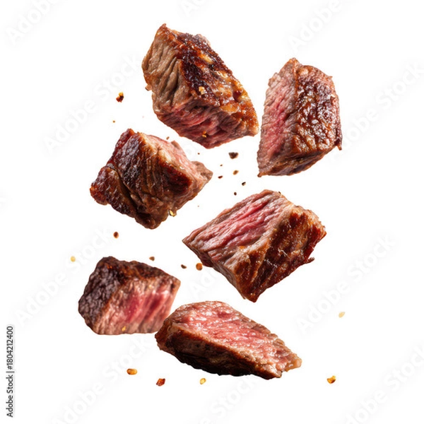Fototapeta Delicious grilled beef cubes isolated on transparent background