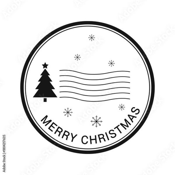 Fototapeta Merry Christmas Stamp Seal Minimal Winter Tree Snowflakes