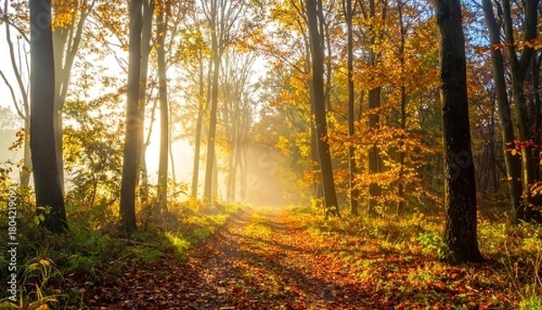Fototapeta Sunlit Path Through Autumn Forest - A Golden Morning Scene.