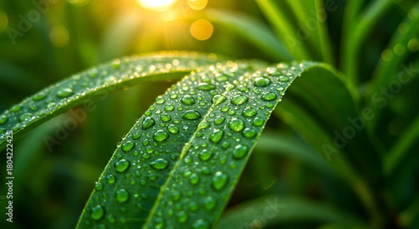 Obraz Close up of lush green grass covered in dew drops with the sun shining brightly in the background