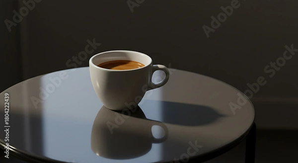 Obraz A serene minimalist scene of a freshly brewed coffee in a white ceramic cup on a reflective table, capturing a peaceful start to the day with natural light