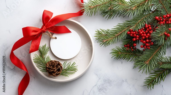 Fototapeta Christmas decoration with pine branches, pinecone, and red ribbon  