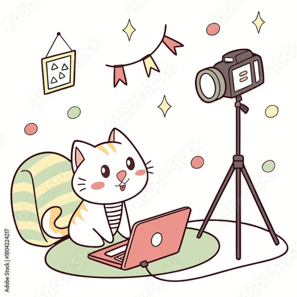 Fototapeta Adorable cartoon cat working on a laptop with a camera on a tripod in a creative studio setting