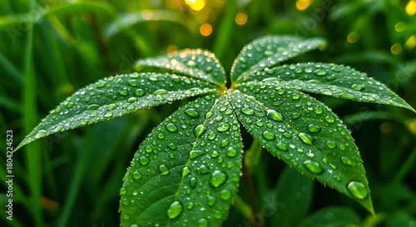 Obraz Fresh morning dew drops glistening on a star-shaped green leaf in the soft, golden glow of a beautiful sunrise