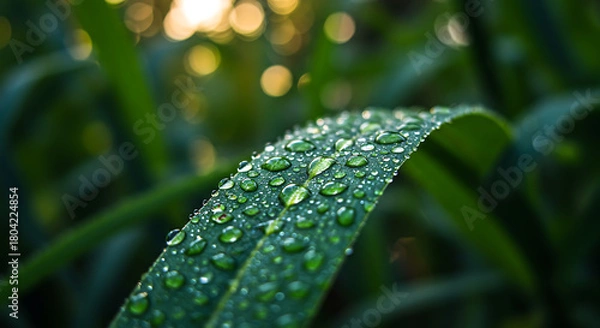 Obraz Dewdrops glistening on a blade of grass in the soft morning light