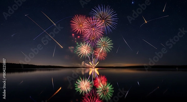 Obraz A breathtaking scene of celebration with colorful fireworks illuminating a dark night sky filled with falling meteor trails.