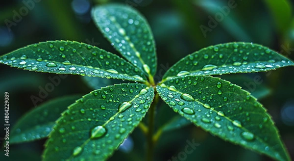 Obraz Close-up shot of vibrant green leaves glistening with fresh water droplets after a rain shower, highlighting intricate textures and natural beauty