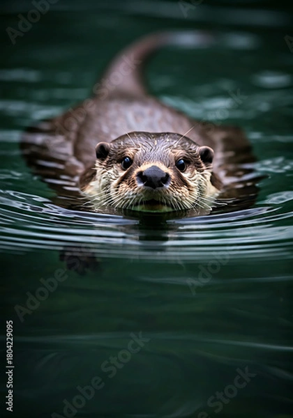 Fototapeta Captivating otter swimming gracefully through the water, looking directly at the camera with its adorable dark eyes