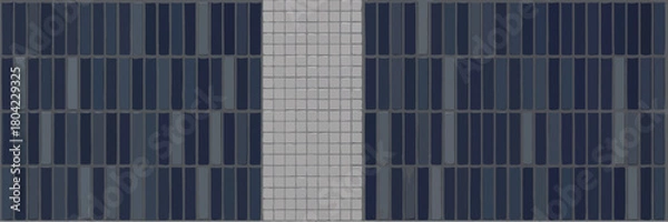 Fototapeta Aerial view of building facade with blue rectangular tiles and white square tile center column
