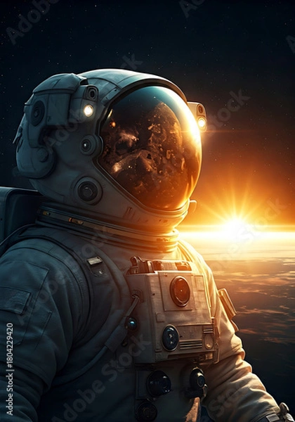 Fototapeta Stunning astronaut gazing at Earth sunrise from orbit, exploring space frontiers, futuristic exploration, space travel concept