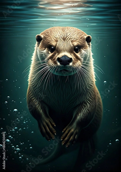 Fototapeta Adorable otter swimming gracefully underwater with curious gaze, a charming wildlife portrait for nature enthusiasts and animal lovers