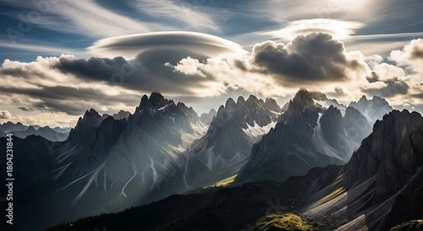 Fototapeta Dramatic Mountain Peaks Under Lenticular Clouds in the Dolomites.