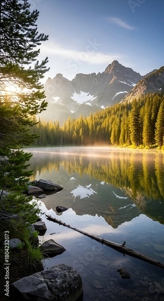 Fototapeta Serene Mountain Lake Reflection at Sunrise with Pine Trees.