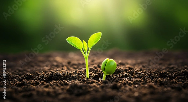 Obraz A small green plant sapling sprouts from fertile soil with a bright sunbeam in the background, a powerful concept of new life and growth