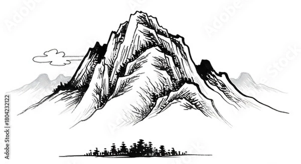 Fototapeta Monochrome Mountain Range Ink Drawing with Trees and Cloud.