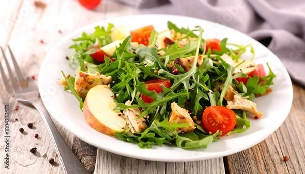 Fototapeta Fresh and Vibrant Salad with Chicken, Apple, and Greens.
