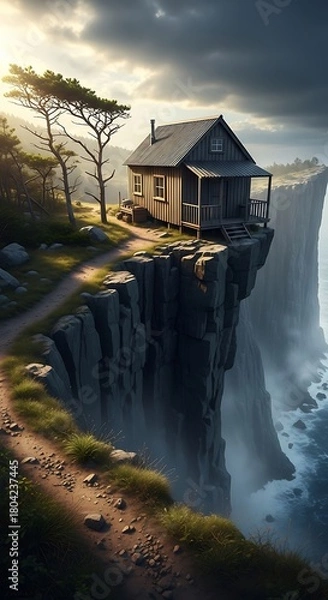 Fototapeta Rustic Cabin Perched Precariously on a Dramatic Cliff Edge Overlooking the Ocean.
