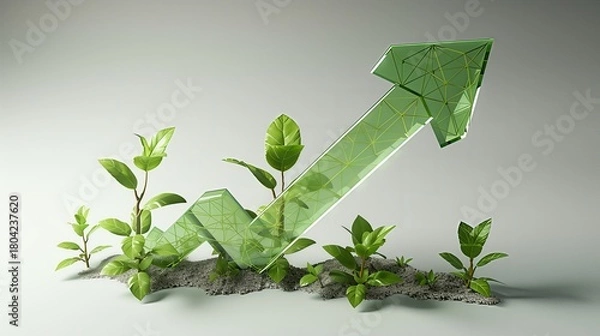 Fototapeta Solid Green Growth and Environmental Recovery: Crystal arrow rising from soil and seedlings, symbolizing Sustainable Investment Germination and Foundation.