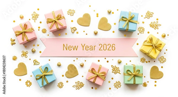 Obraz Modern holiday announcement for New Year 2026, showcasing a border of small gift boxes and sparkling gold accents on a clean white surface.