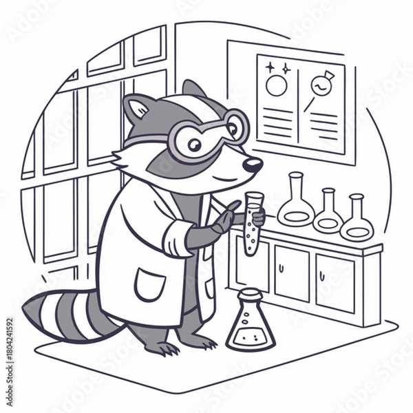 Fototapeta Cartoon raccoon scientist working in a laboratory with chemistry equipment in a line art style