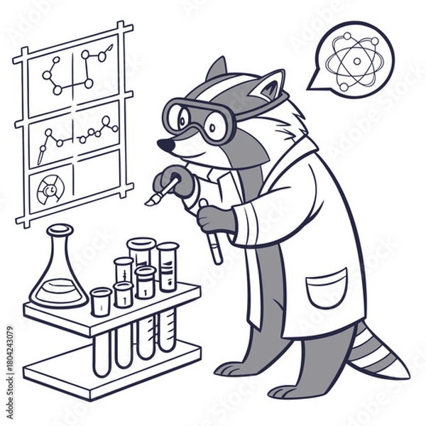 Fototapeta Cartoon raccoon scientist performing an experiment with test tubes in a line art laboratory setting