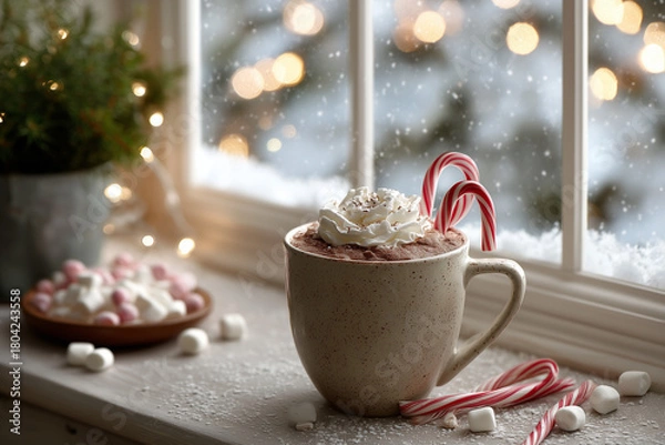 Fototapeta Hot chocolate mug with candy cane and marshmallows by window.
