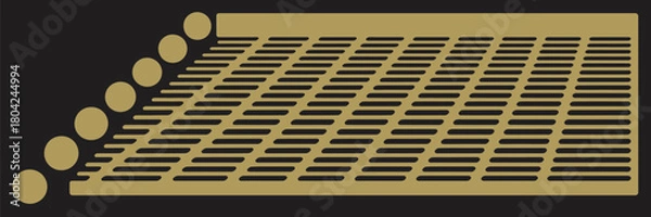 Fototapeta A gold grid pattern with horizontal slots and a row of gold spheres on a dark background design art