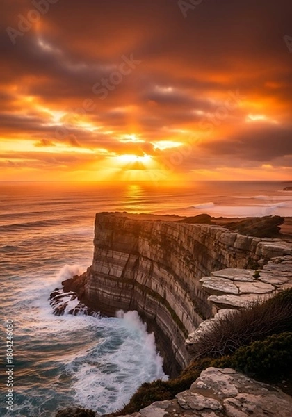 Fototapeta Dramatic Coastal Sunset Over Rugged Cliffs and Crashing Waves.