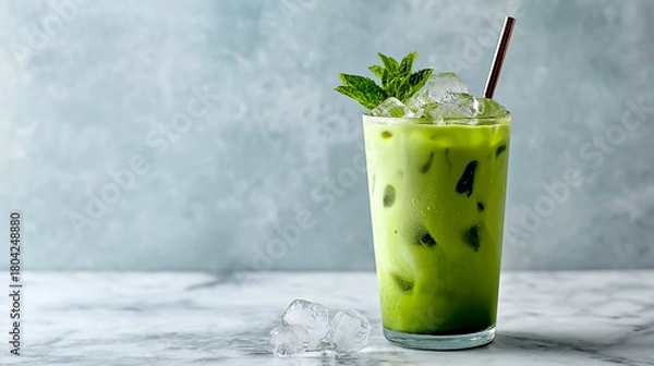 Obraz A glass of iced matcha latte, ice cubes in the drink, mint leaves on top