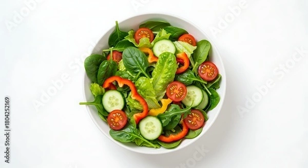 Fototapeta Fresh, vibrant salad in a white bowl, top view, featuring spinach, tomatoes, and cucumbers