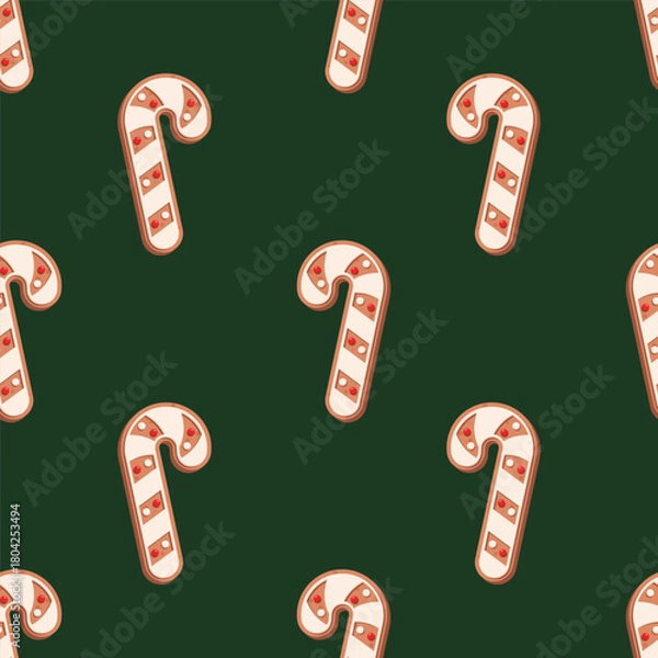 Obraz Seamless pattern with gingerbread cookie in form of candy cane decorated of sugar icing on a dark green background. Vector festive background.
