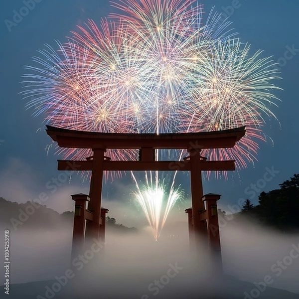 Fototapeta Spectacular Fireworks Explode Over a Mystical Japanese Torii Gate at Night.