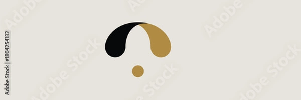 Fototapeta Abstract design with black and gold teardrop shapes and a small circle on a beige background shown centered