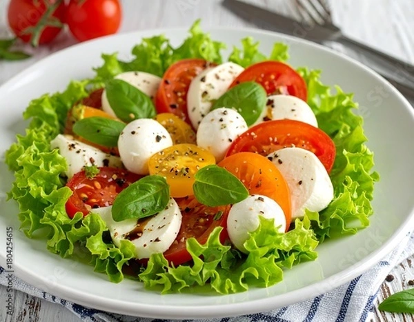 Fototapeta Fresh, vibrant salad with mozzarella, tomatoes, and basil on a white plate