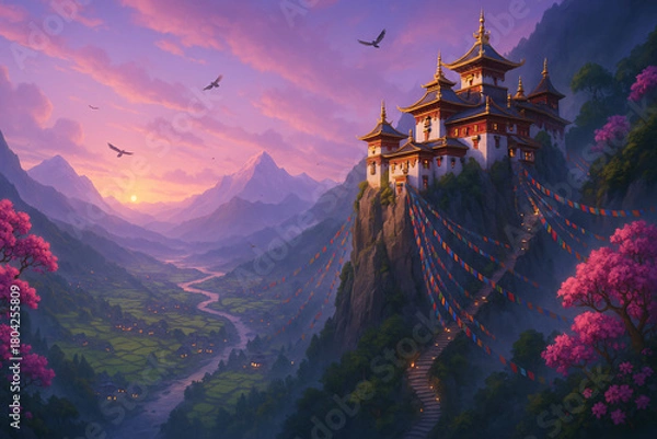 Fototapeta Majestic Monastery on Mountain Cliff at Sunrise with Prayer Flags – Himalayan Fantasy Landscape