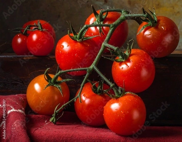 Fototapeta Fresh, vibrant tomatoes on vine, close-up with water droplets, on a red cloth
