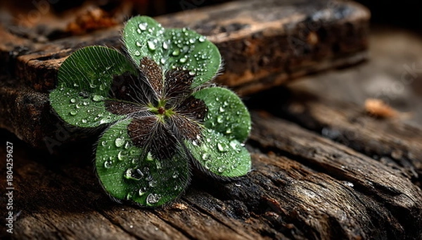 Fototapeta a four-leaf clover on an old wooden table, symbolizing good luck and a st. patrick's day celebration. real photo.