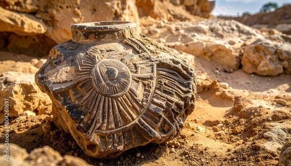 Fototapeta Fossilized Ammonite Specimen in Arid Landscape - A Glimpse into Ancient Marine Life.