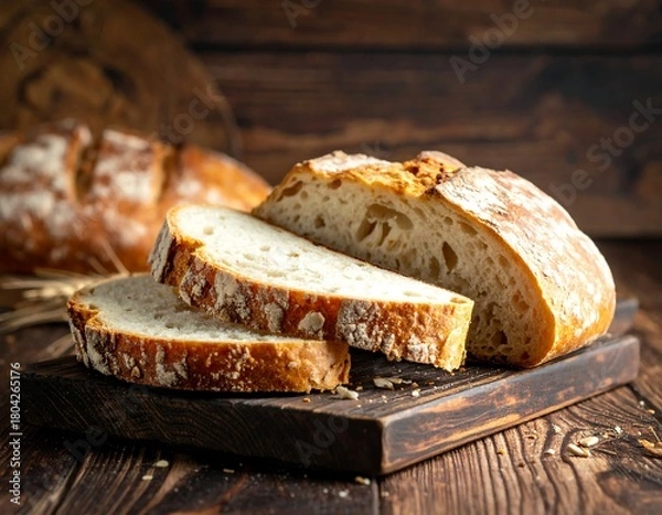 Fototapeta Freshly baked artisan bread, sliced, on a wooden cutting board, with rustic background
