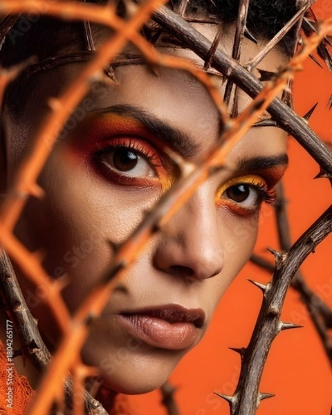 Fototapeta A woman in bright, fierce makeup, her brow furrowed, her gaze sharp behind a lattice of sharp thorns. The orange background highlights her warm skin tone and the dull texture of the branches