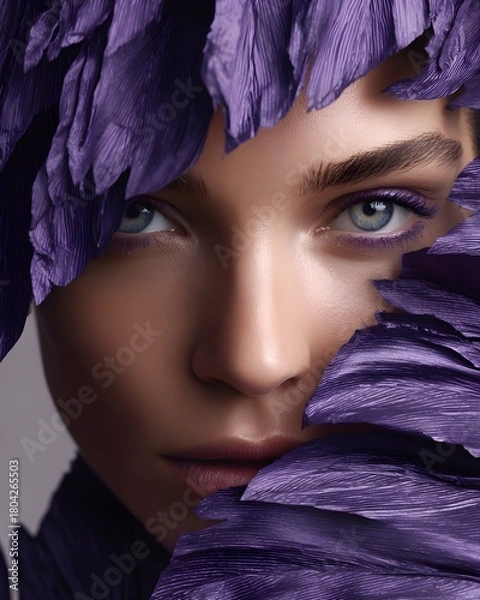 Fototapeta Luxury advertising image of a female model in close-up, half her face hidden by elegantly textured purple monstera leaves. Her sharp gaze is directed directly into the camera, confident and mysterious