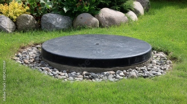 Fototapeta Black septic tank cover sits amid green lawn, pebbles. Circular lid protects underground system. Landscape design integrates utility access. Proper sanitation ensures clean water eco-friendly waste