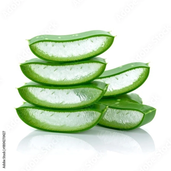 Fototapeta Freshly cut, translucent aloe vera slices stacked neatly, showcasing a natural, healthy appearance