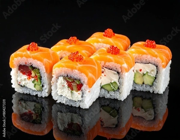 Fototapeta Freshly prepared Japanese sushi rolls with salmon, caviar, and vegetables, on a reflective black surface